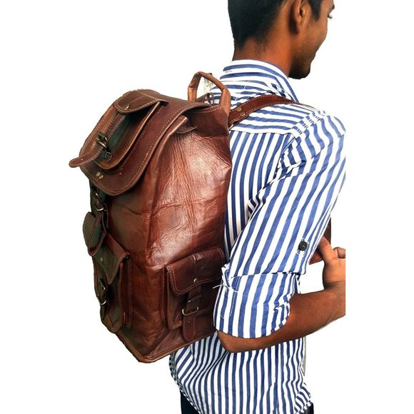 Genuine Leather Retro Rucksack Backpack College Bag School Picnic Bag Travel Bag - Picture 5 of 5